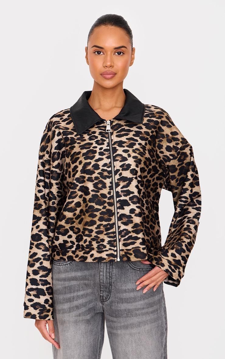 Brown Contrast Faux Leather Leopard Jacket Product Image