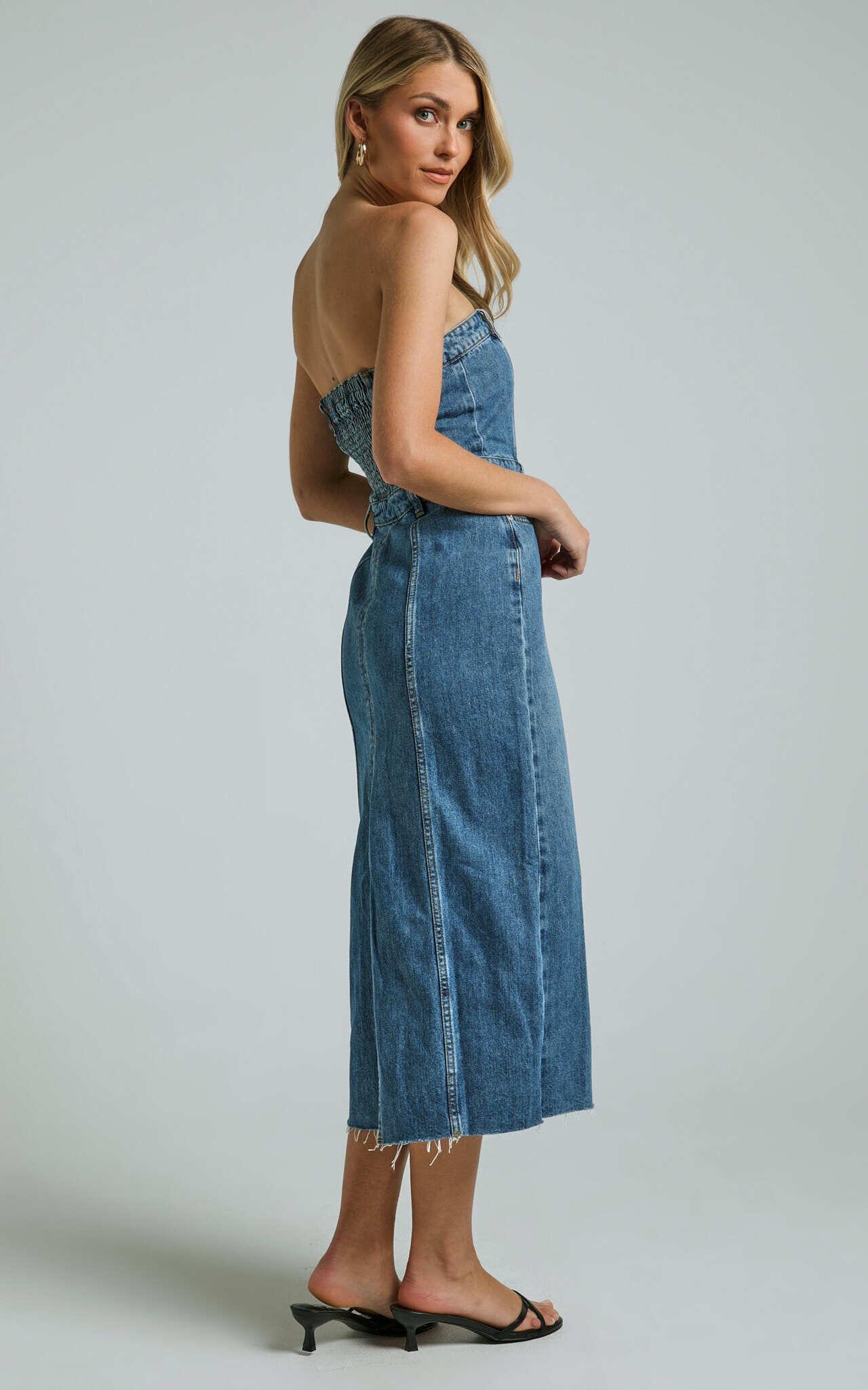 Keyla Midi Dress - Denim Strapless Button Front Shirred Back in Mid Blue Wash Product Image