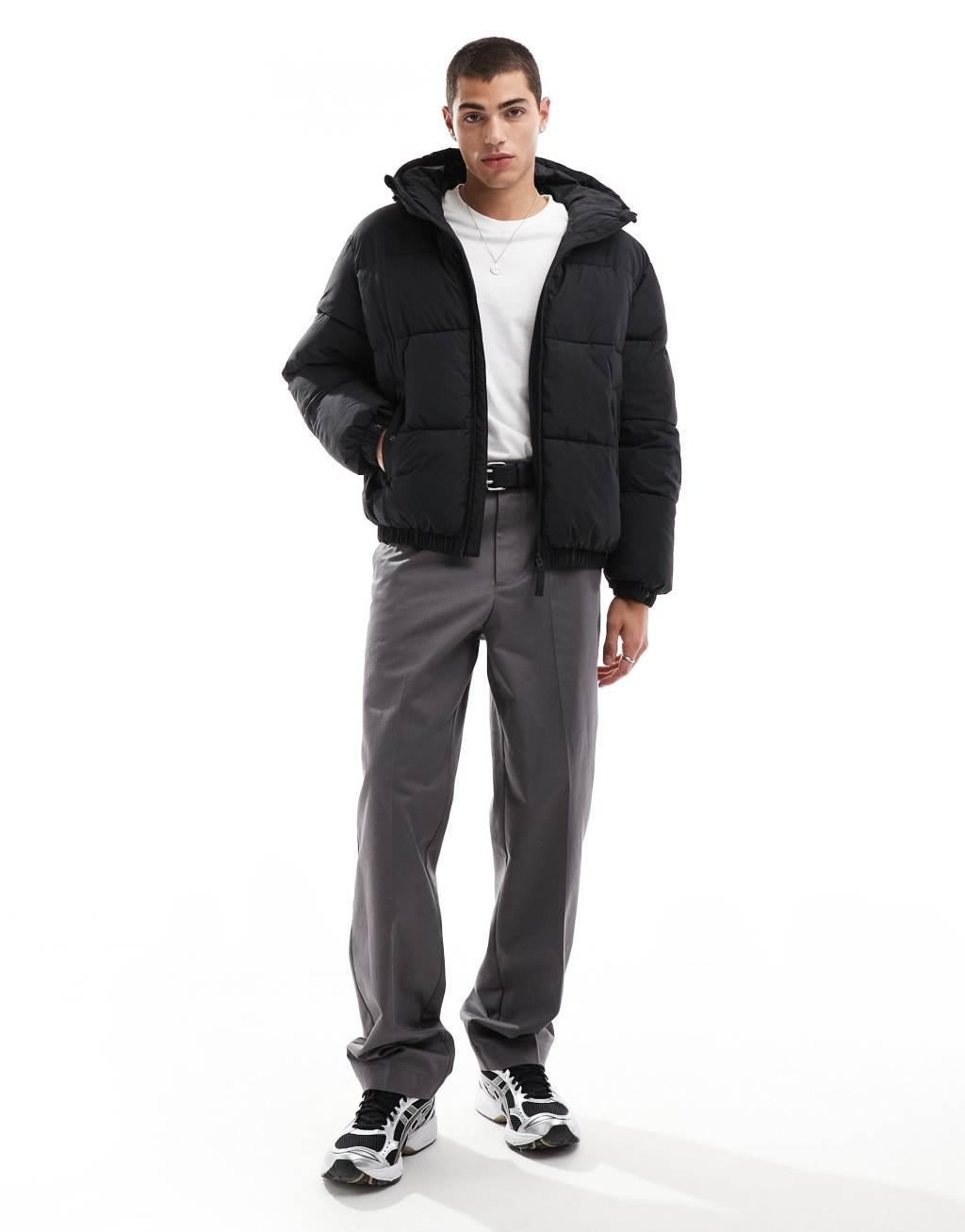 Bershka puffer jacket with hood in black  Product Image