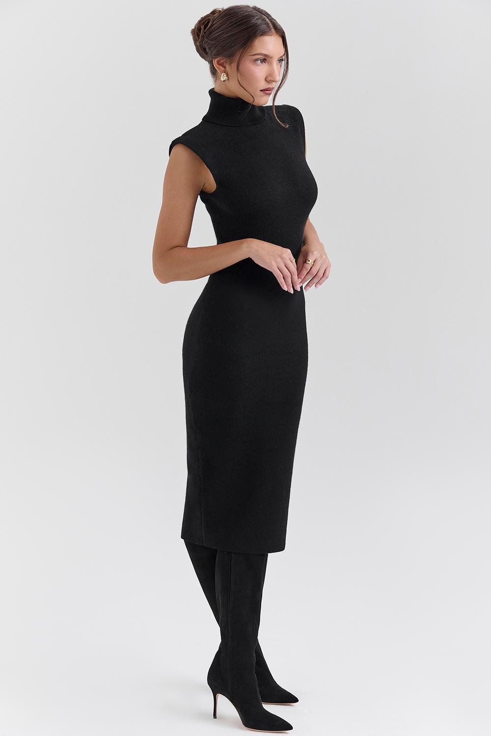 Gaia Black Cashmere Blend Turtle Neck Midi Dress Product Image