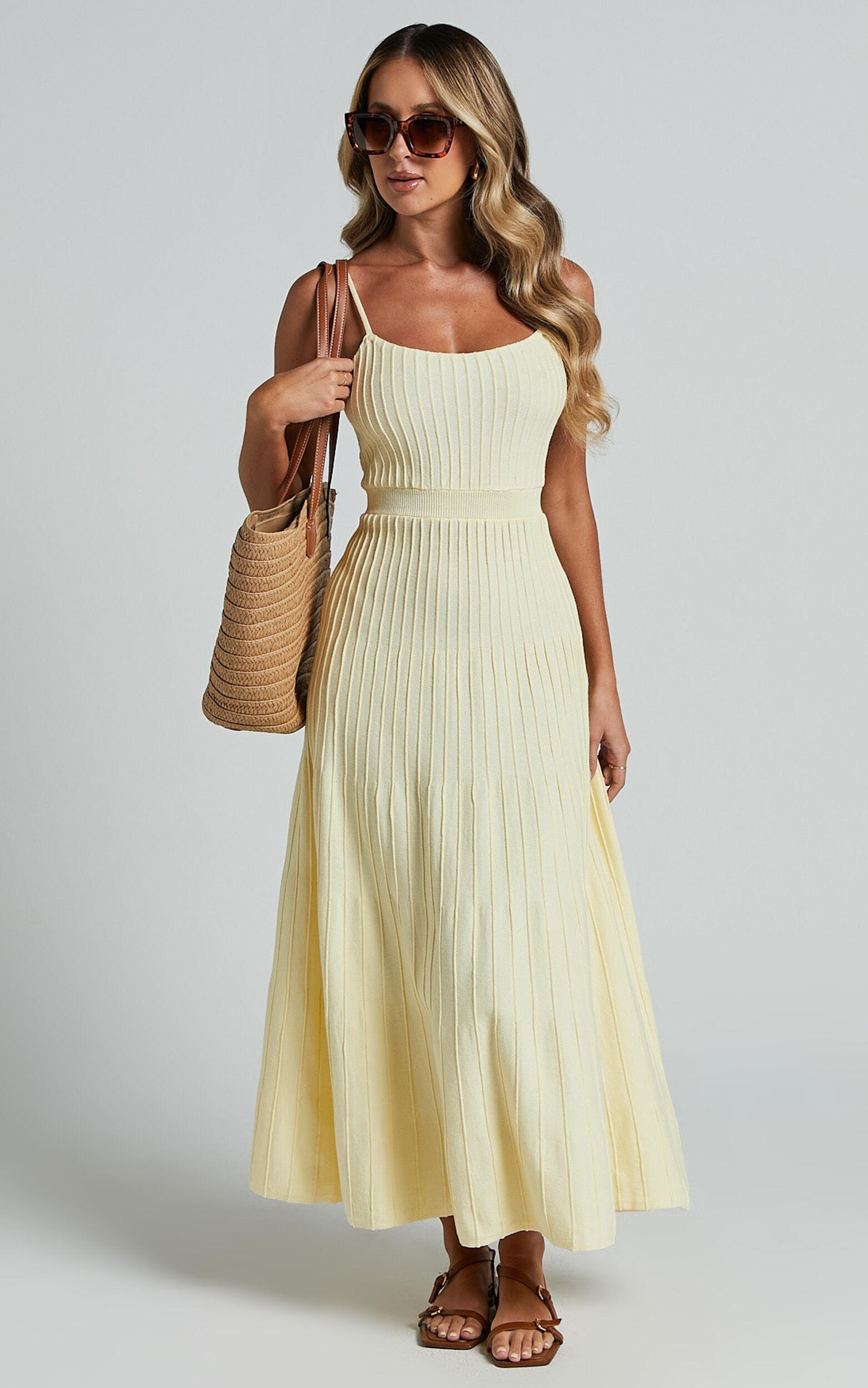 Donissa Midi Dress - Panelled Knit Dress in Butter Yellow Product Image