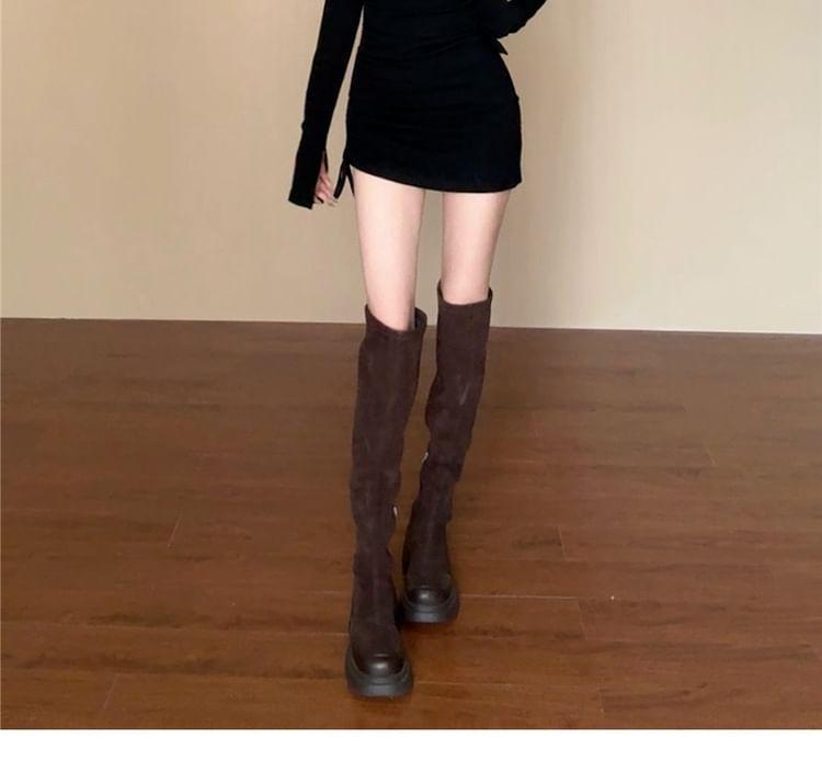 Long-Sleeve Notched Plain Mini Bodycon Dress Product Image