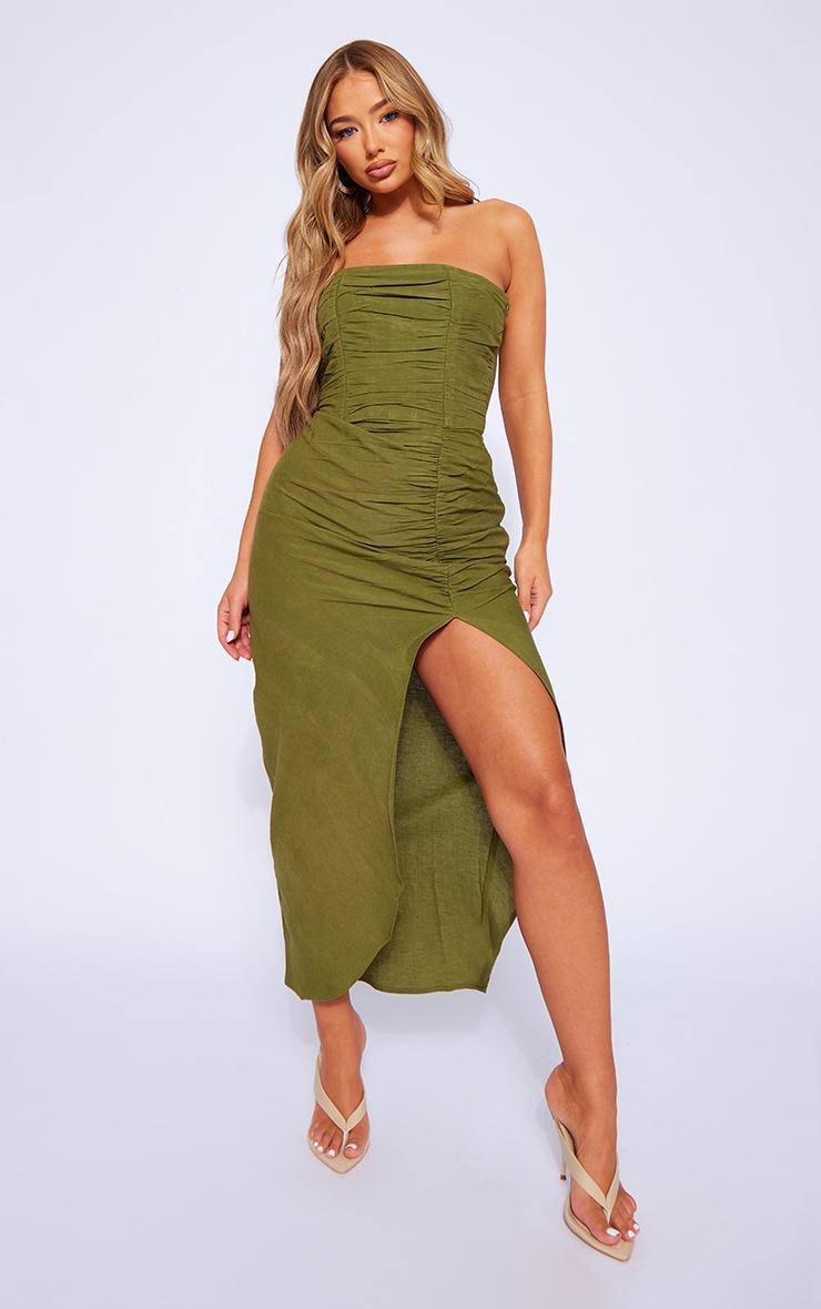 Khaki Linen Look Bandeau Pleated Ruched Midi Dress Product Image