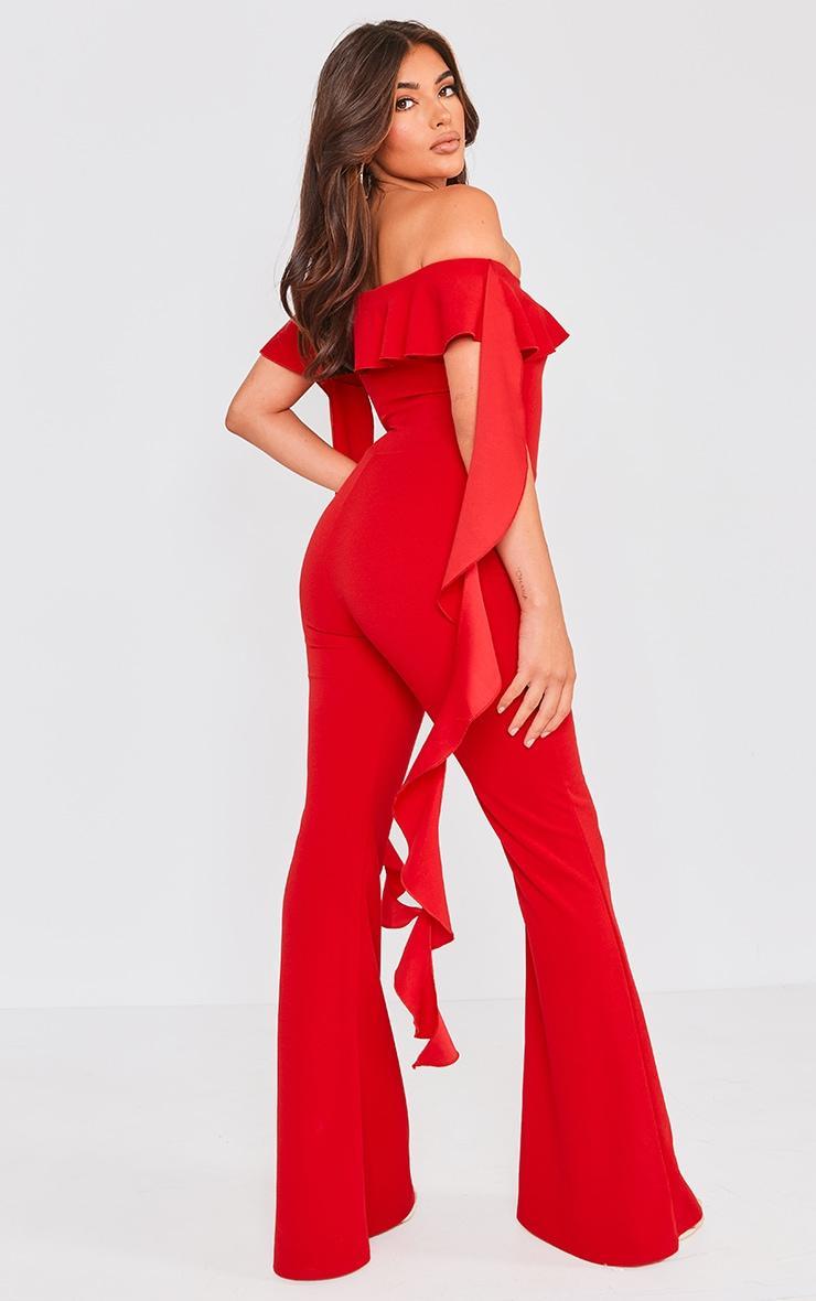 Red Off Shoulder Ruffle Detail Jumpsuit Product Image