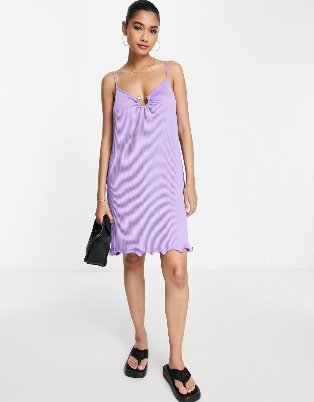 River Island ring detail plisse cami mini dress in lilac Product Image