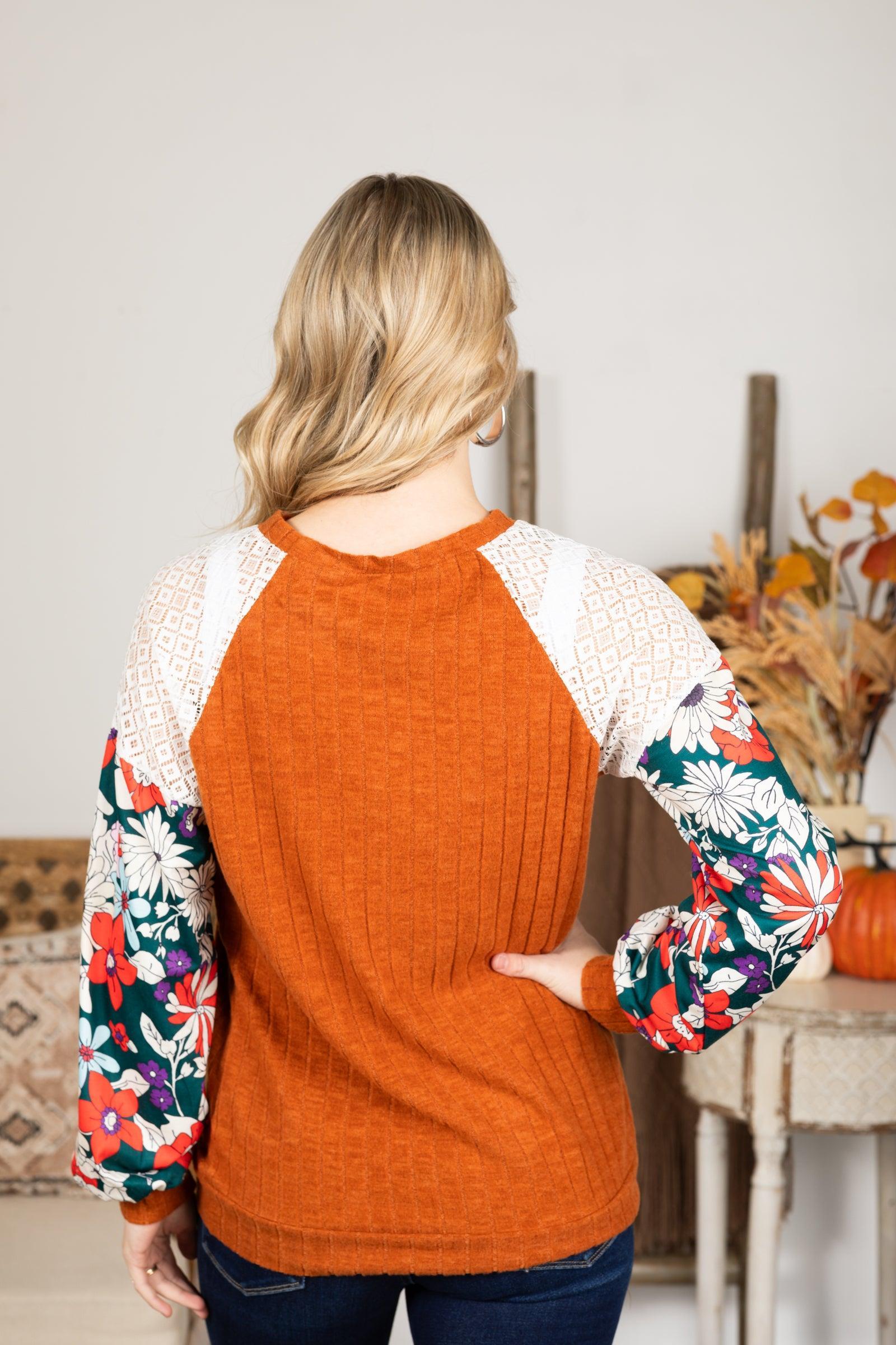 Floral Patchwork Raglan Sleeve Knit Top Product Image