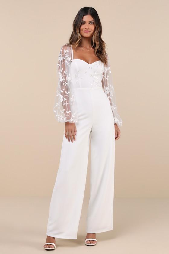 Darling Charisma White Mesh Embroidered Jumpsuit Product Image