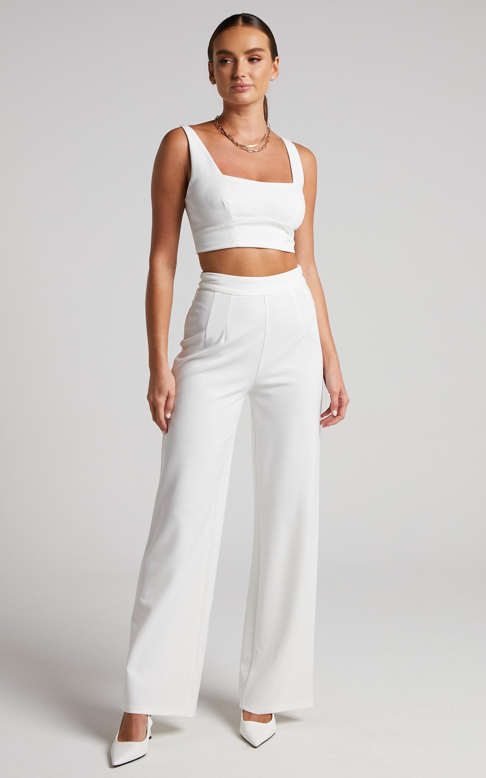 Elibeth Two Piece Set - Crop Top and High Waisted Wide Leg Pants Set in White Product Image