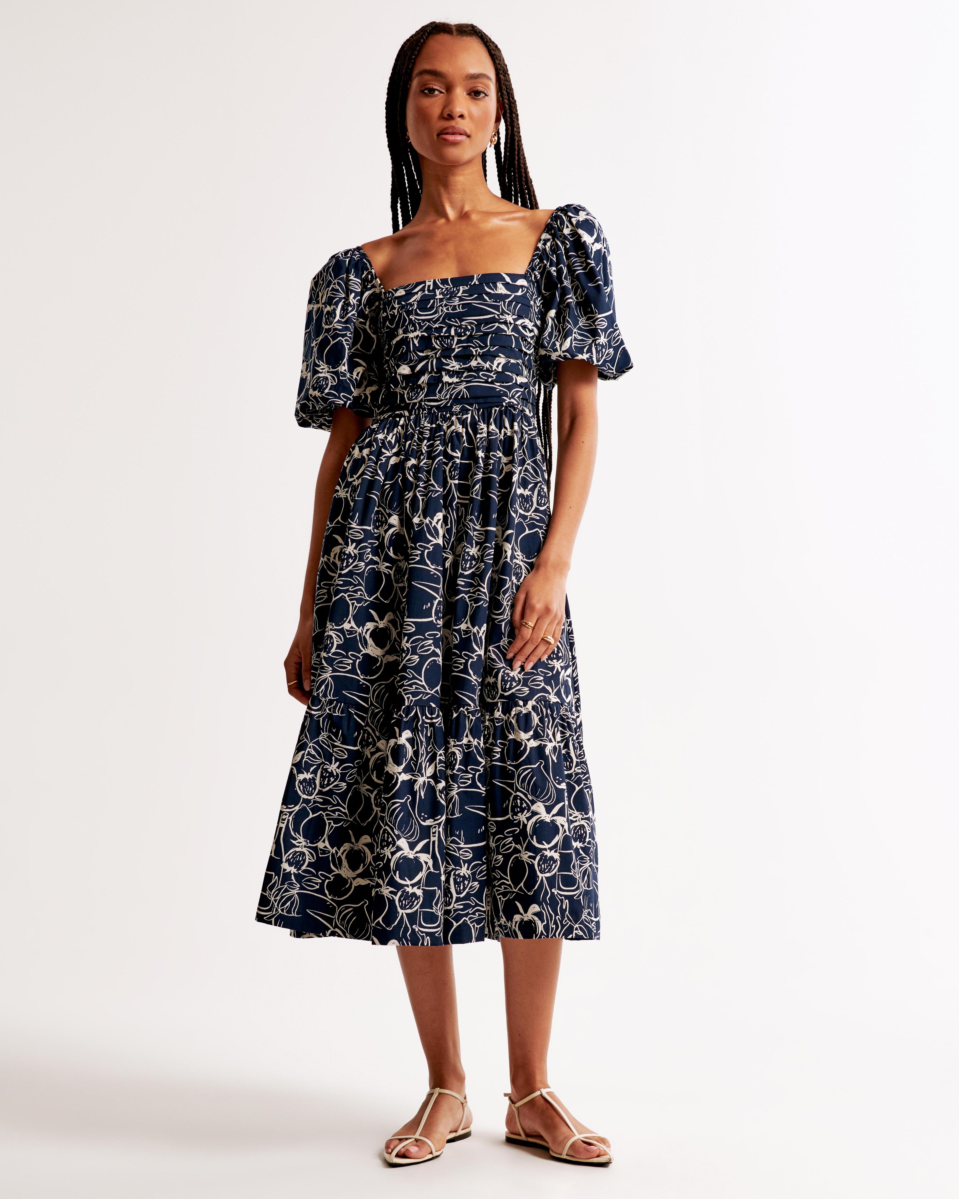 The A&F Emerson Poplin Puff Sleeve Midi Dress Product Image