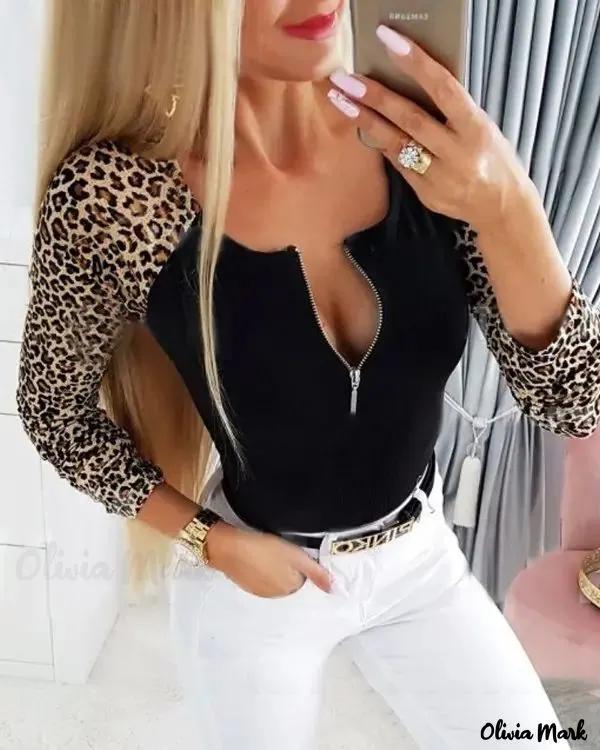 Olivia Mark – Contrast Leopard Print Zip Long Sleeve Top Product Image