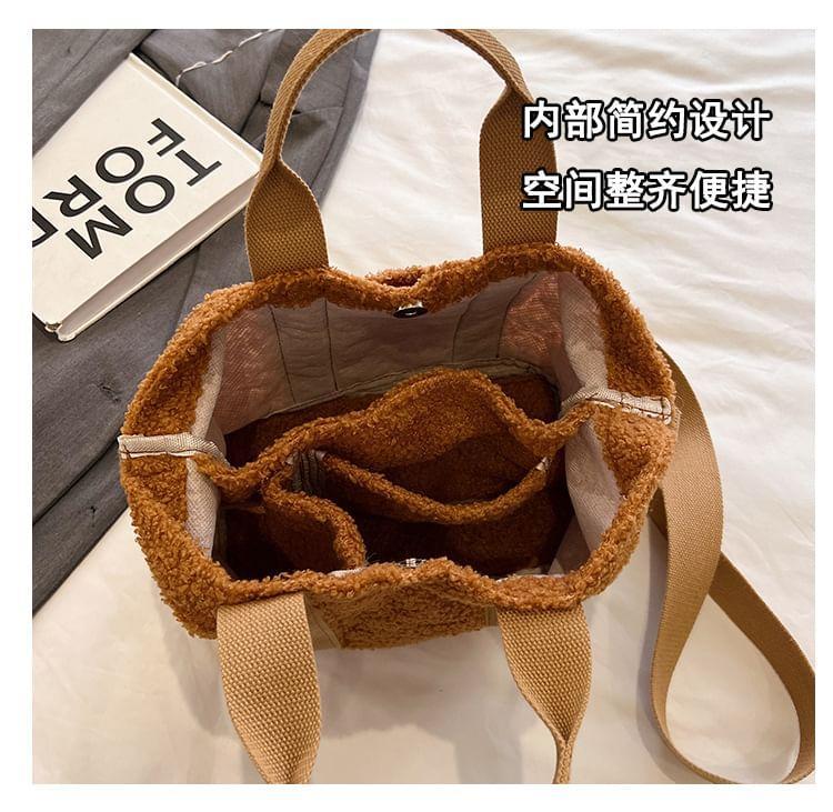 Letter Embroidered Faux Shearling Crossbody Bag Product Image