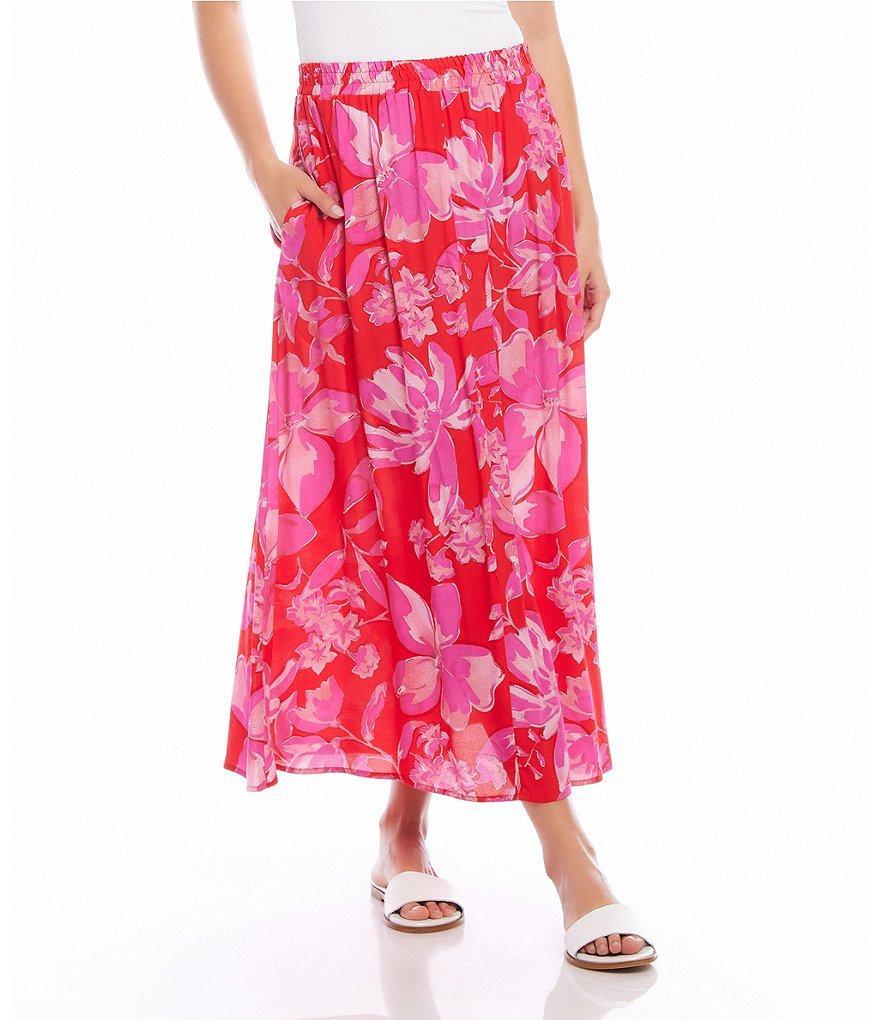 Karen Kane Pink Floral Rose Mid Rise Pocketed A-Line Midi Skirt Product Image