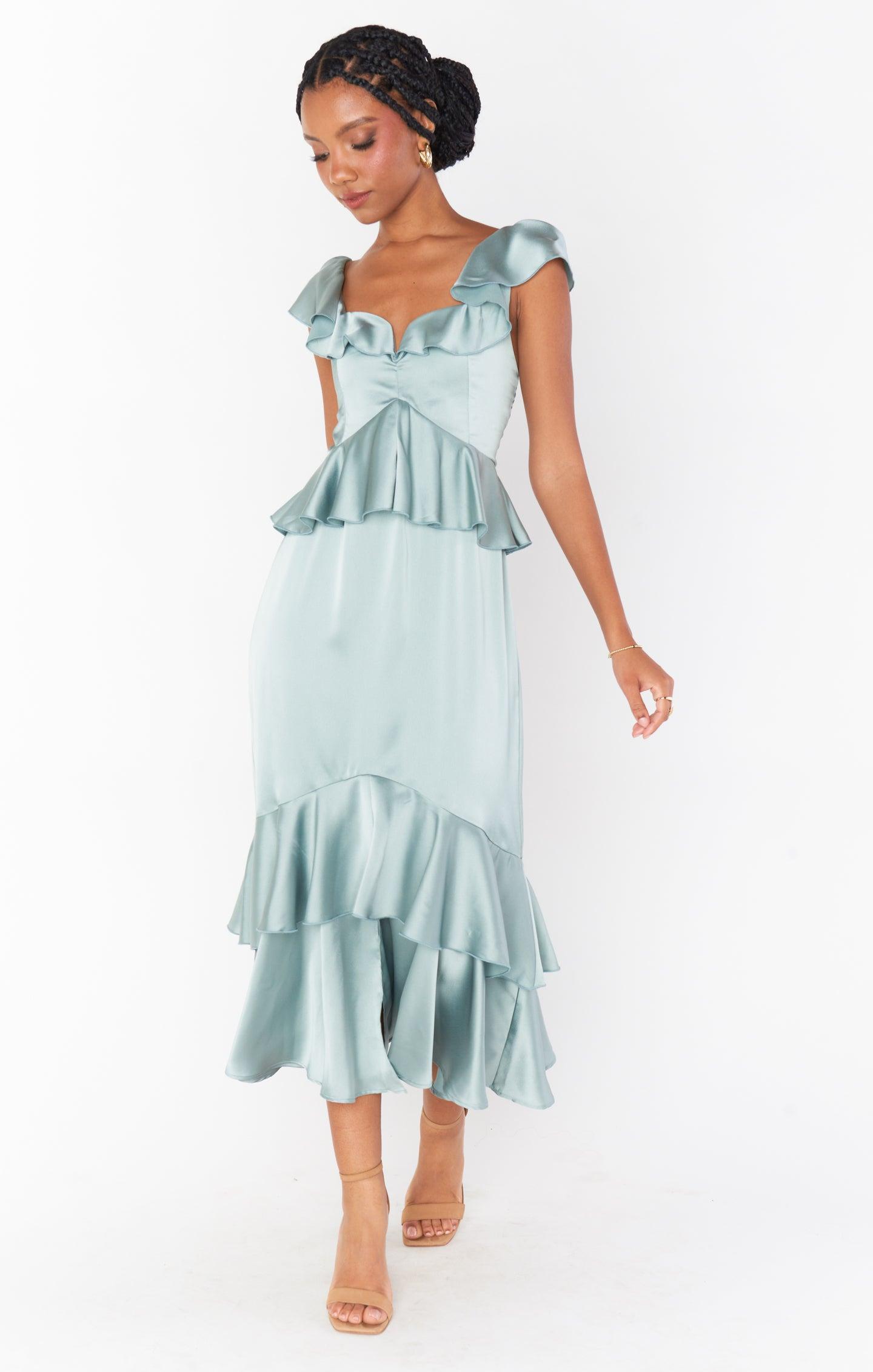 Reese Ruffle Dress ~ Silver Sage Luxe Satin Product Image