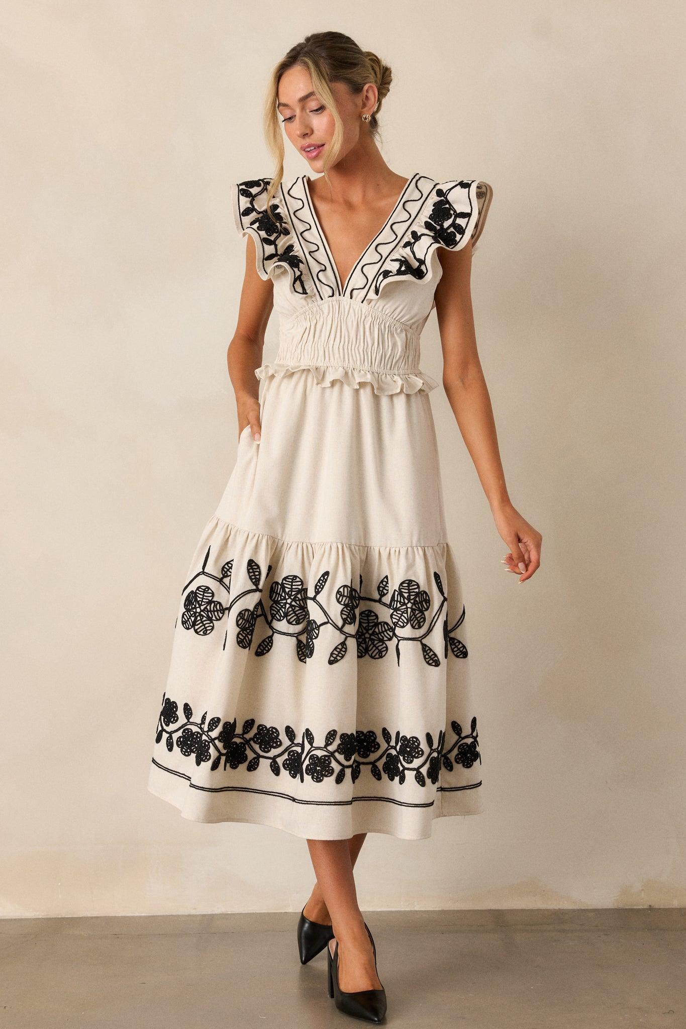 Whispering Pines Beige Flutter Sleeve Midi Dress Product Image