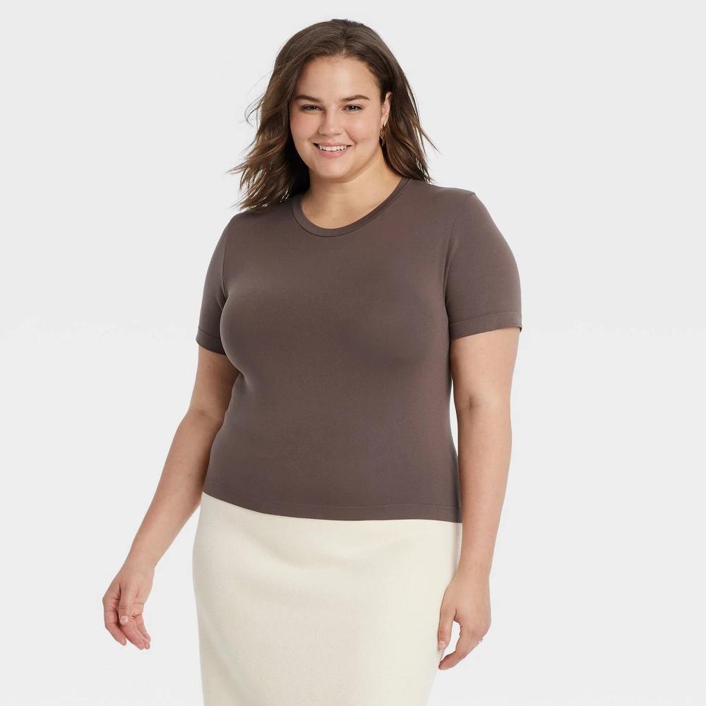 Womens Slim Fit Short Sleeve Seamless Baby T-Shirt - A New Day Light Brown 4X Product Image