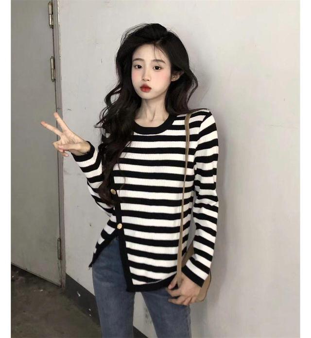 Long-Sleeve Irregular Button-Up Striped Knit Top Product Image