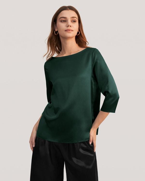 3/4 Sleeve Boat Neck Silk Blouse Product Image