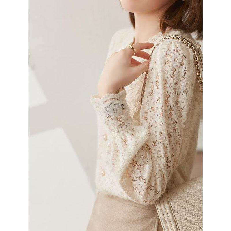 Long Sleeve Round Neck Plain Faux Pearl Button Lace Blouse Product Image