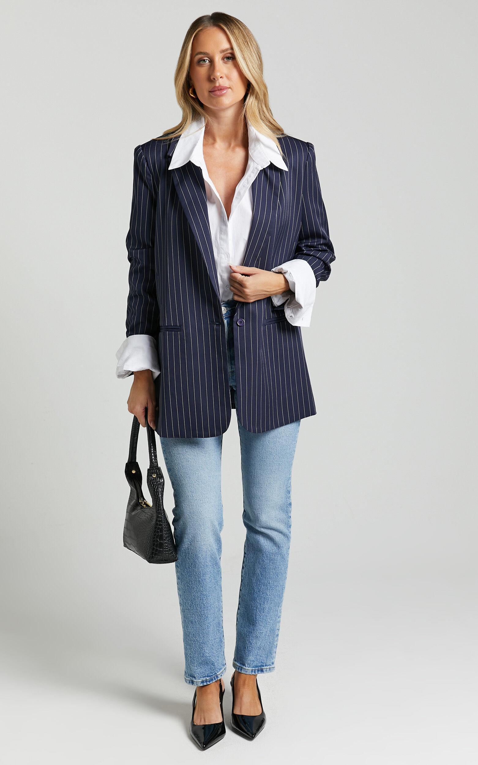 Iyah Blazer - Oversized Single Breasted Blazer in Navy Pinstripe Product Image