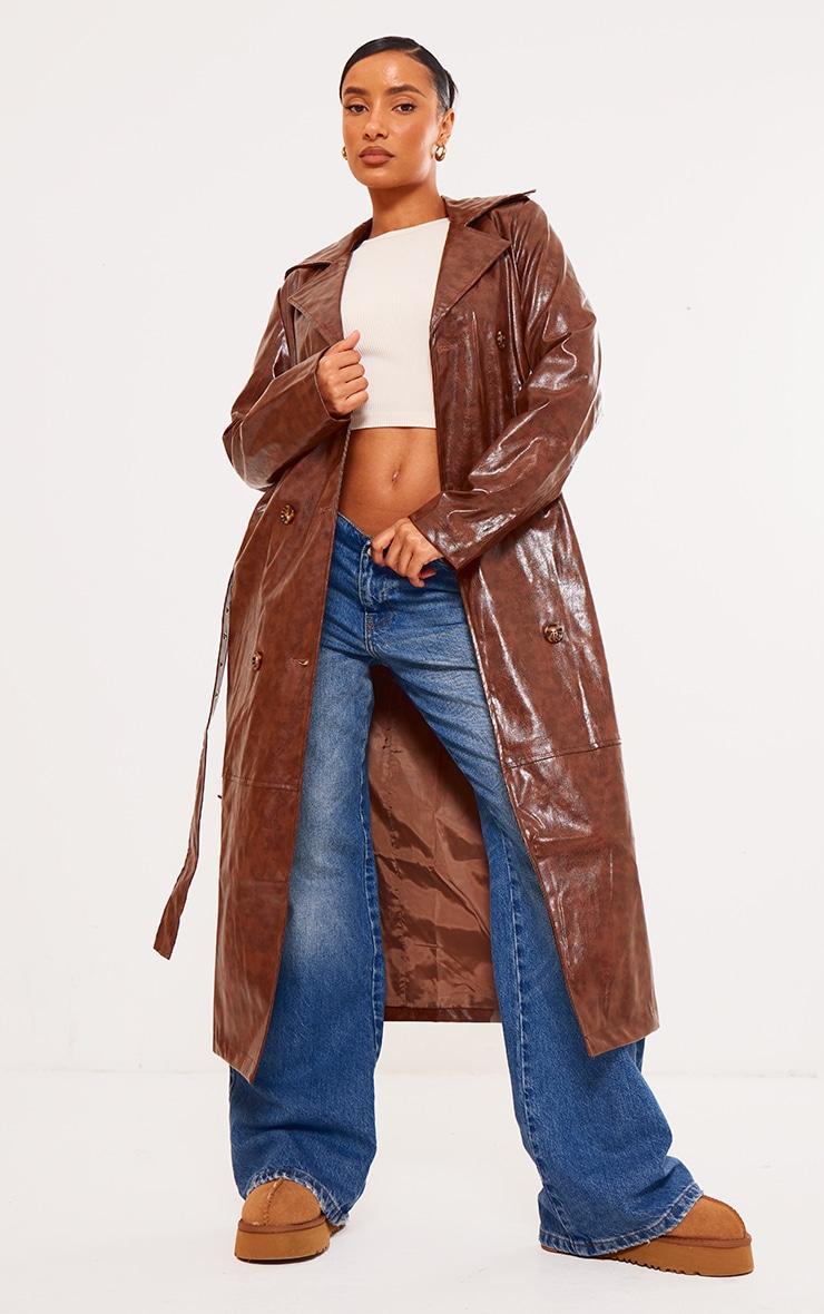 Brown Distressed Faux Leather Double Breasted Trench Coat product image