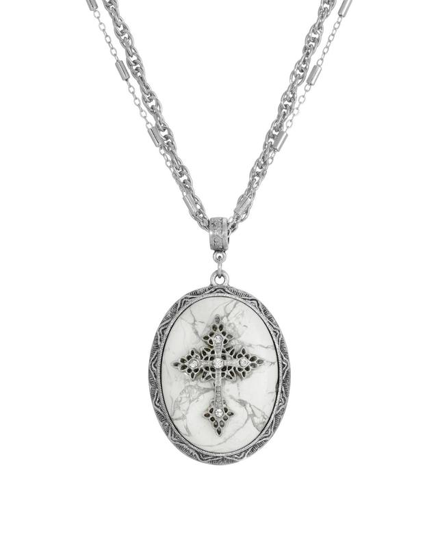 Symbols Of Faith Silver Tone Crystal Cross Cameo Double-Strand Pendant Necklace, Womens, White Product Image