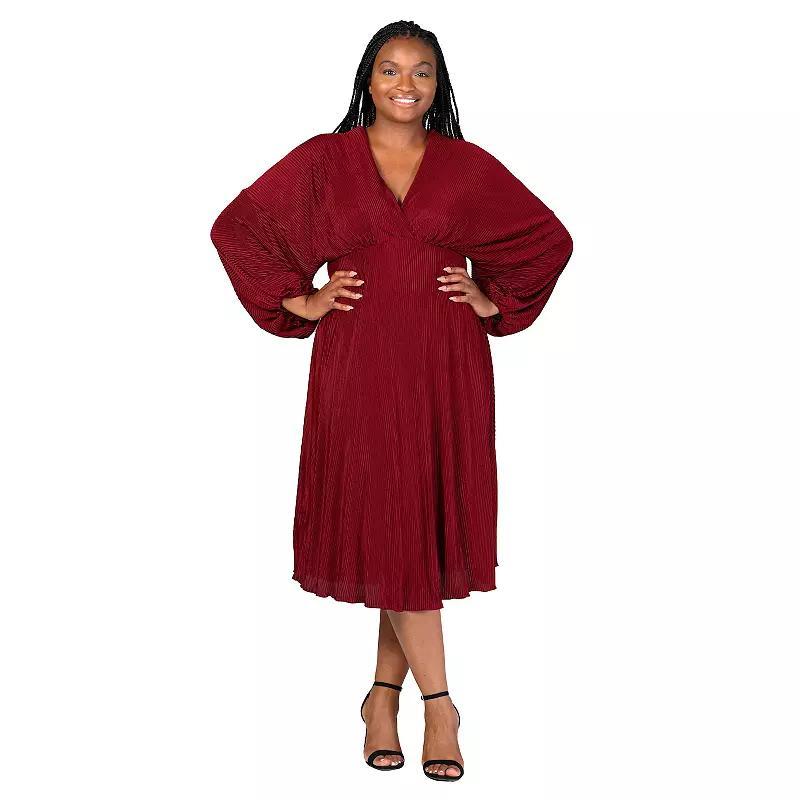 Plus Size 24Seven Comfort Apparel Shimmer Pleated V Neck Empire Waist Bishop Sleeve Midi Dress, Womens Product Image