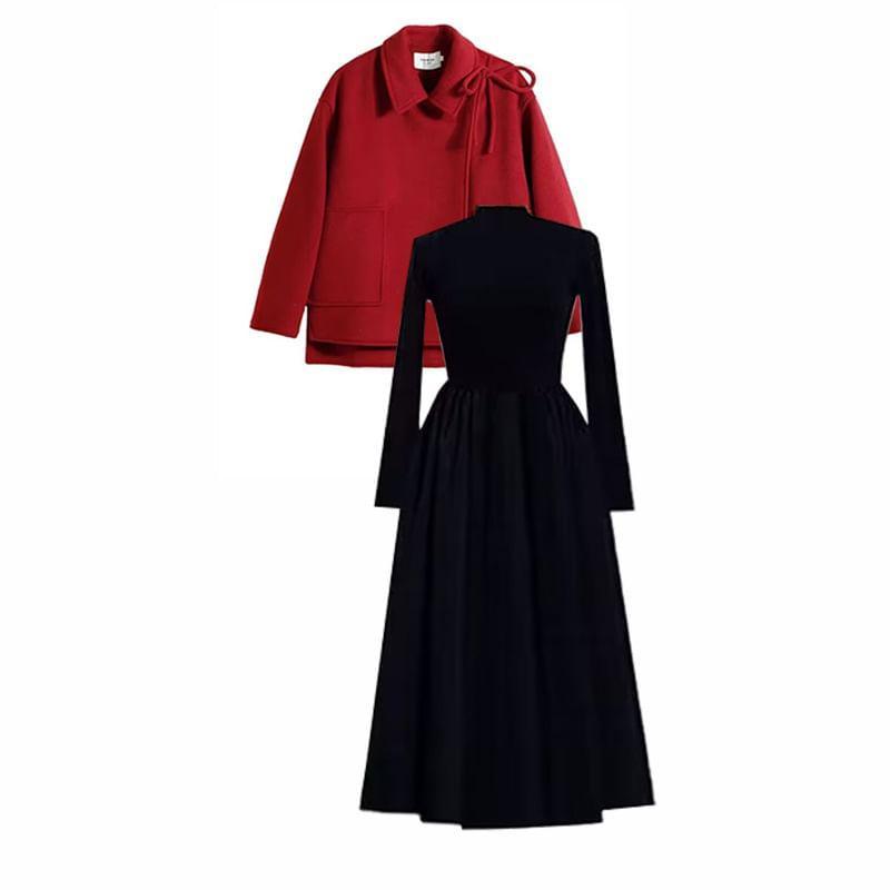 Maternity Asymmetrical Button-Up Coat / Long-Sleeve Mock Neck Midi A-Line Dress Product Image