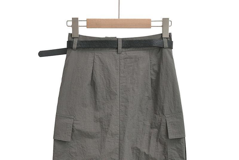 High Rise Plain Pocket Detail Drawstring Midi H-Line Skirt Product Image