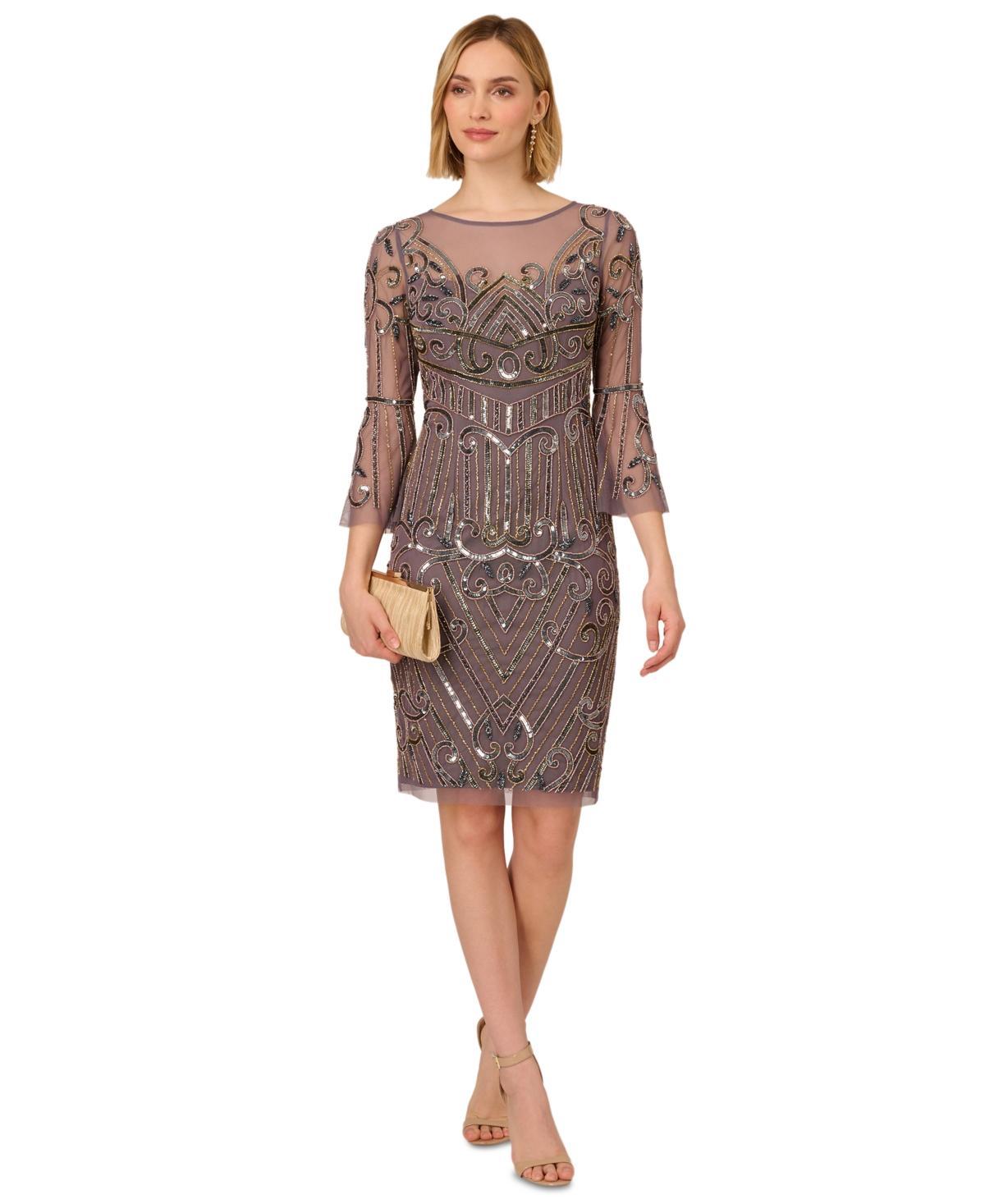 Adrianna Papell Womens Beaded Bell-Sleeve Cocktail Dress Product Image