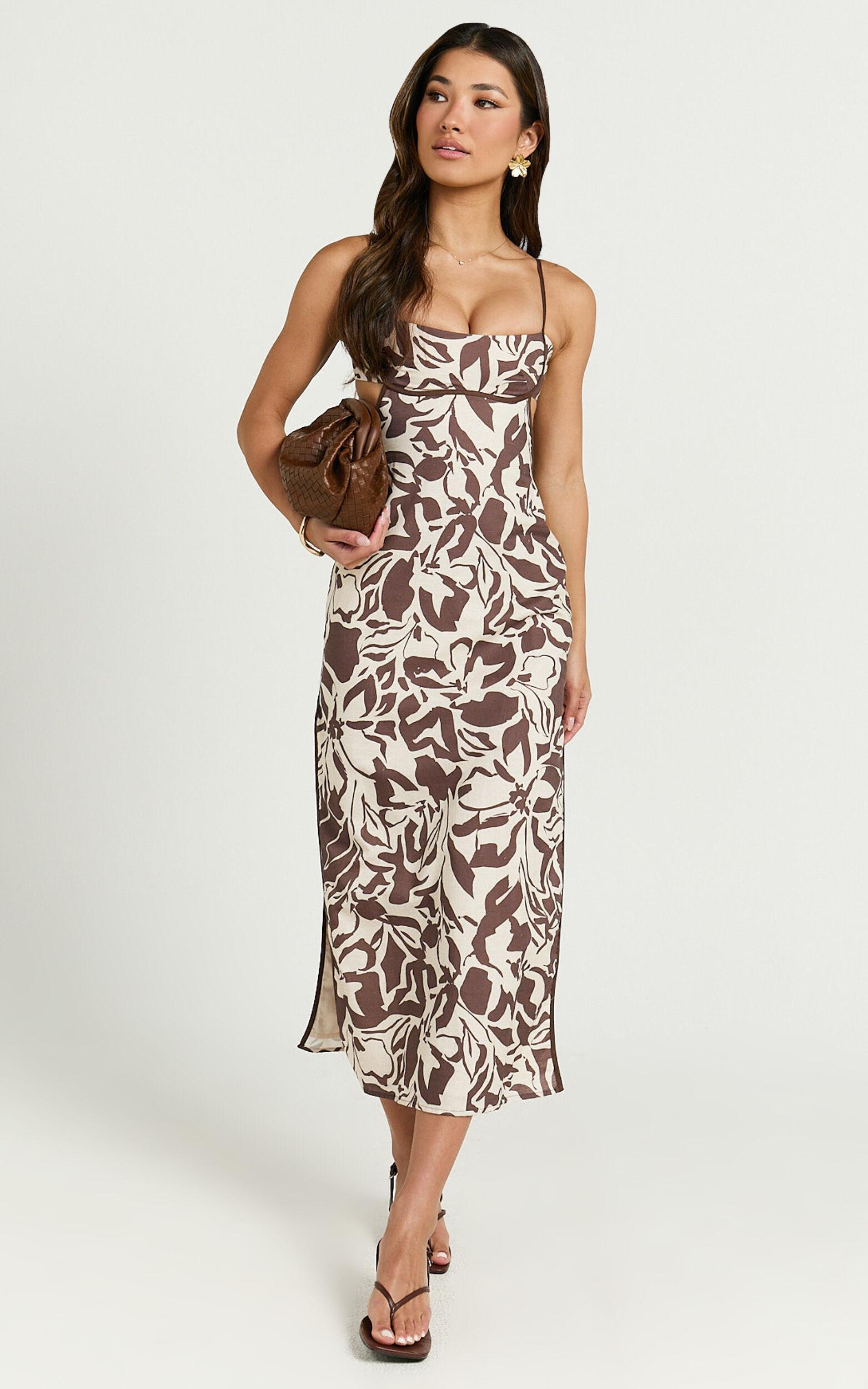 Gibson Midi Dress - Linen Look Scoop Neck Back Tie Dress in Tonal Stencil Floral Product Image