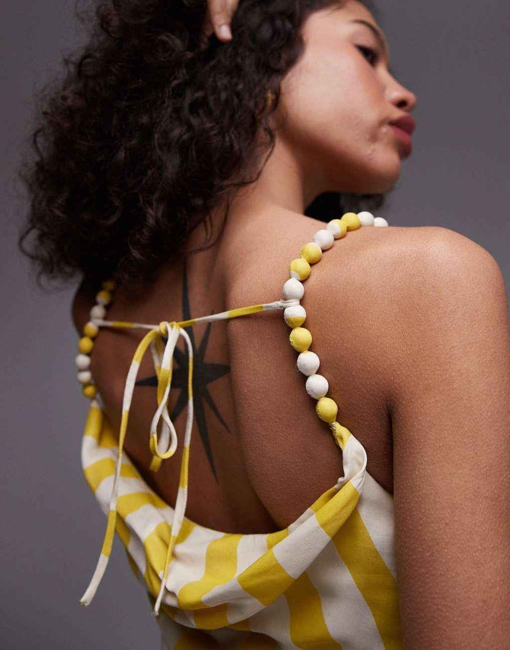 Topshop premium cami slip midi dress with beaded straps in yellow stripe print Product Image