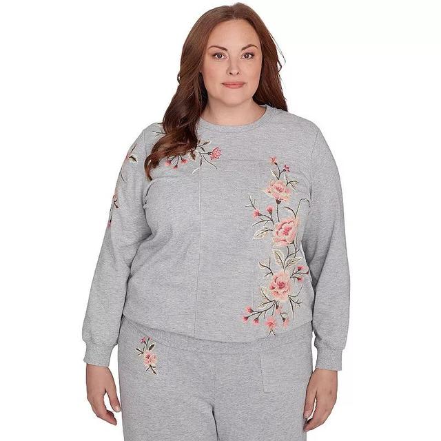 Plus Size Alfred Dunner Cozy Floral Embroidered Long Sleeve Top, Womens Blue Product Image