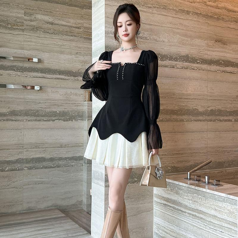 Long-Sleeve Two Tone Mini A-Line Dress Product Image