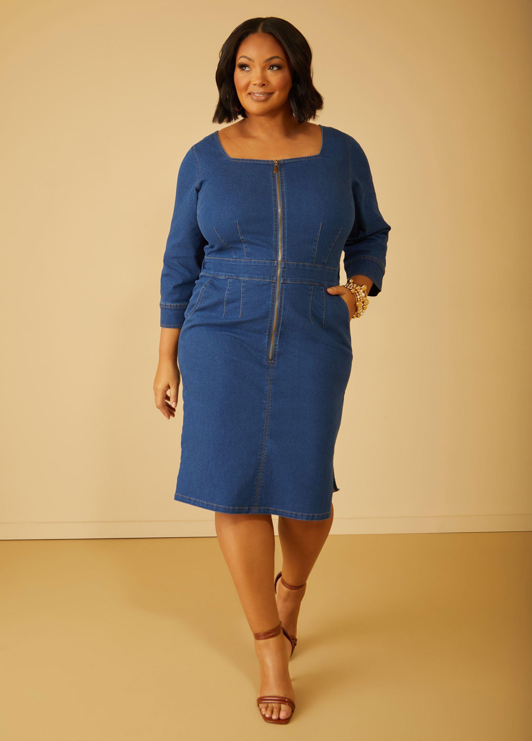 Plus Size Square Neck Denim Bodycon Dress Ashley Stewart product image