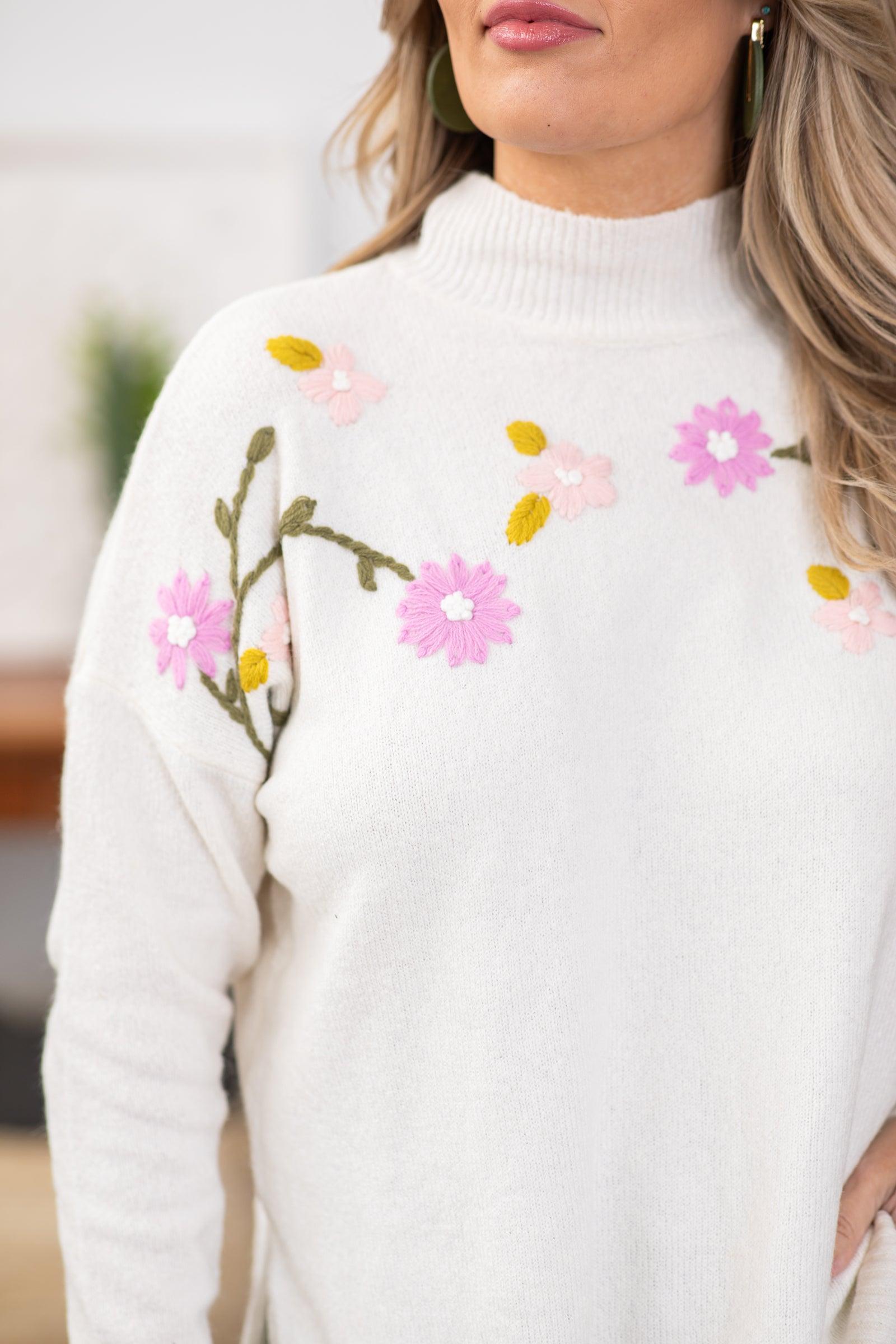 Ivory Mock Neck Floral Embroidered Sweater Product Image