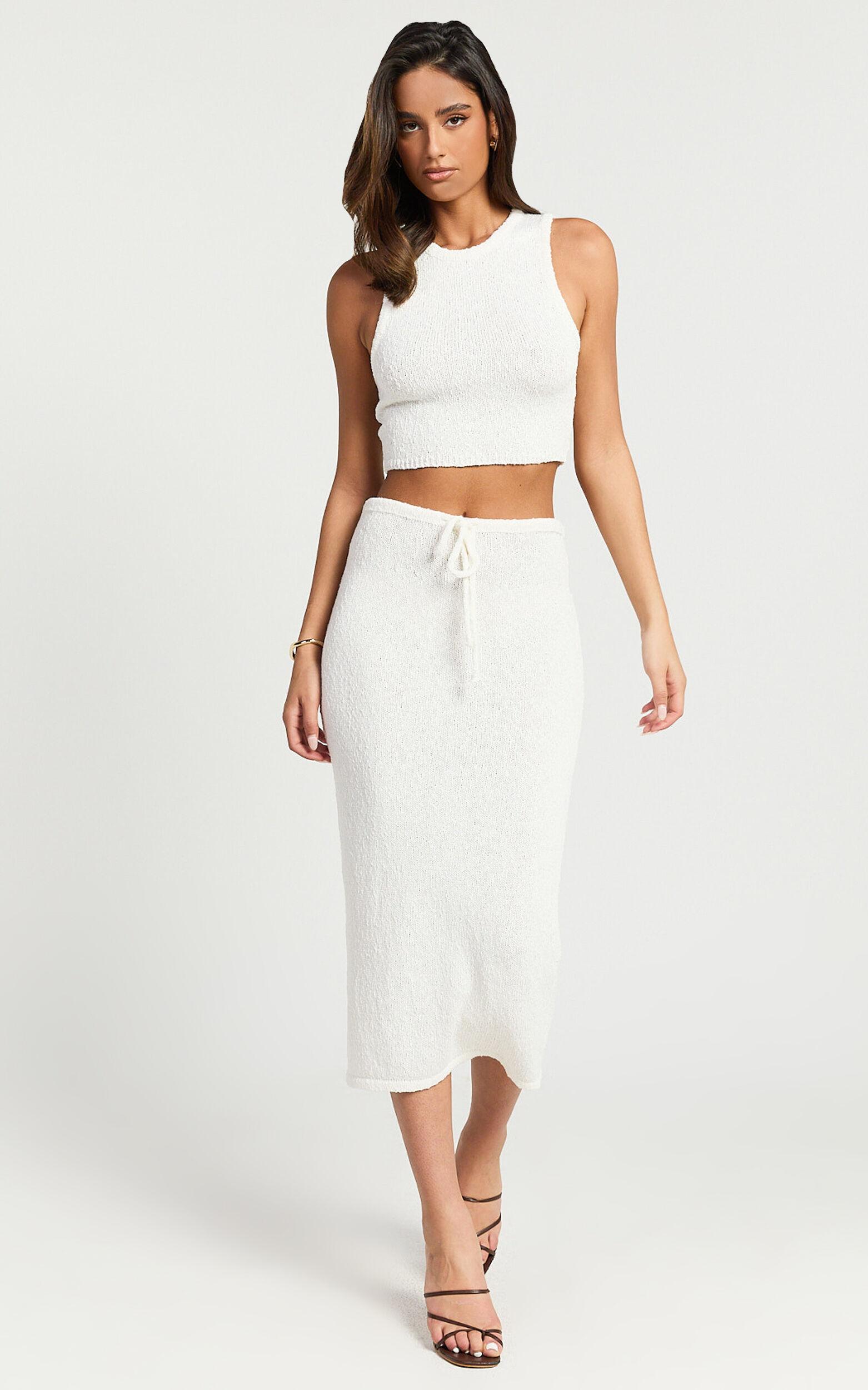 Vivianne Two Piece Set - Knitted Crop Top and High Waist Midi Skirt in White Product Image