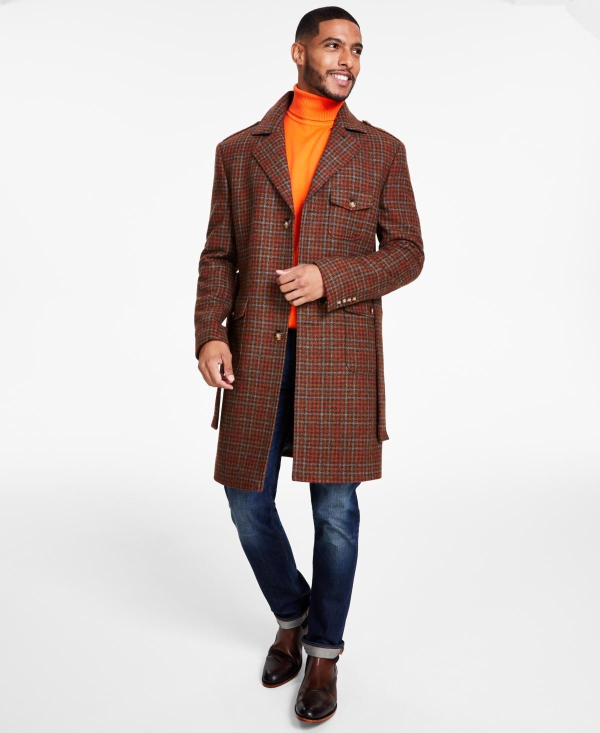 Tayion Collection Mens Classic-Fit Plaid Self Belted Wool Blend Overcoats - Black Product Image