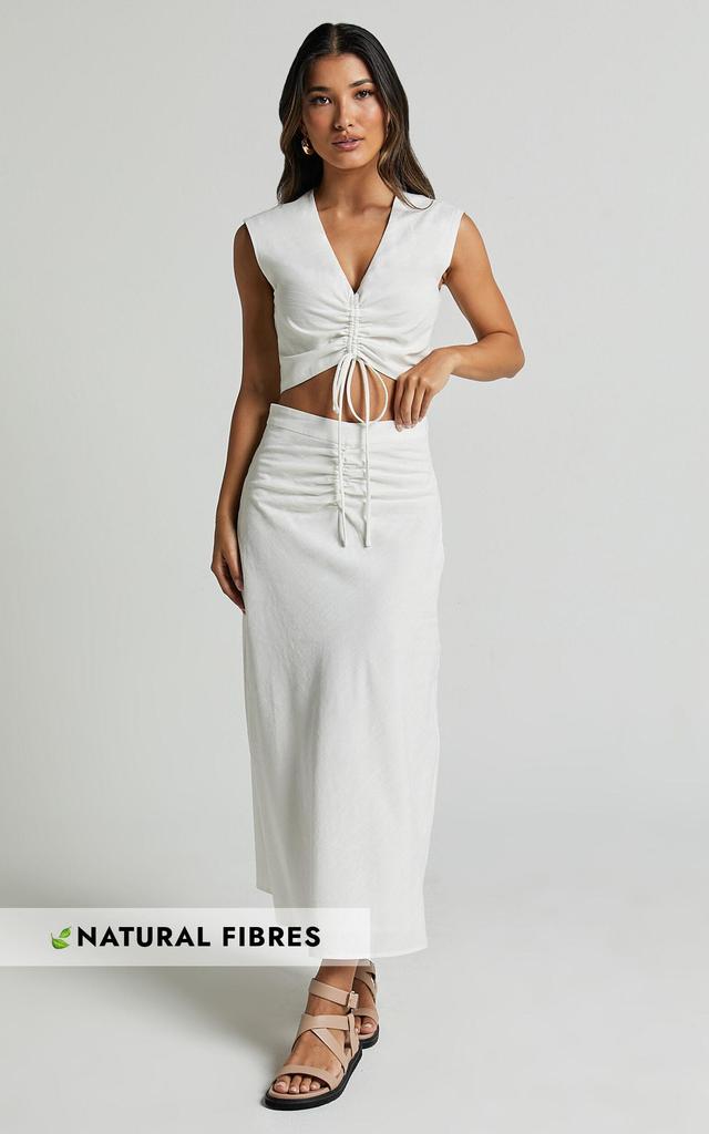 Devan Two Piece Set - Ruched Crop Top and A Line Midi Skirt Set in White Product Image