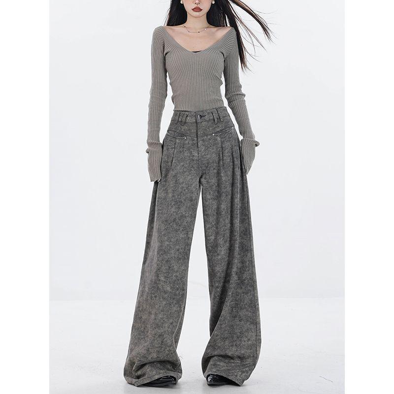 High-Waist Plain Loose Fit Straight Leg Pants Product Image