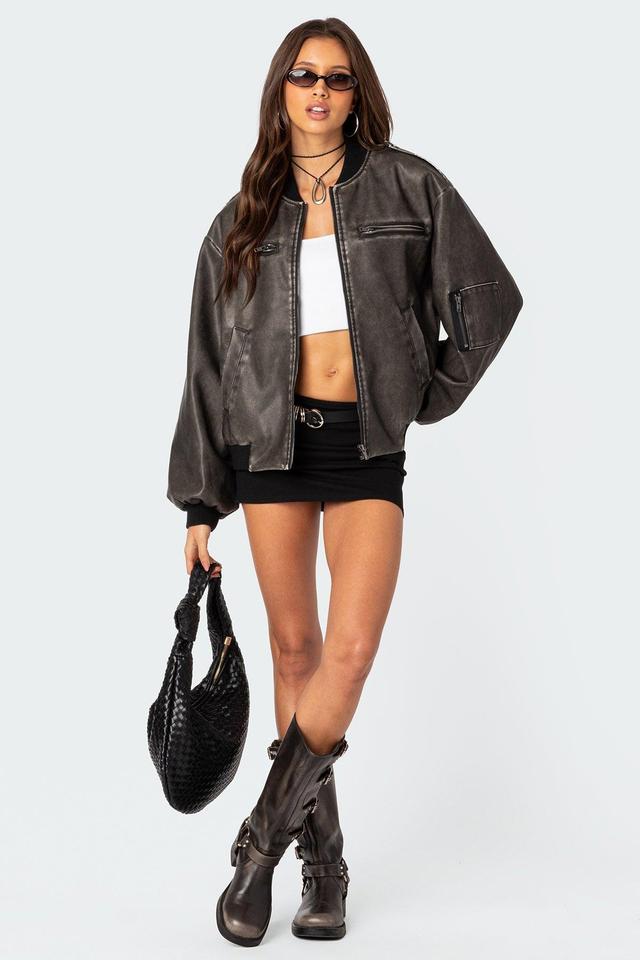 Vava Washed Faux Leather Bomber Jacket Product Image