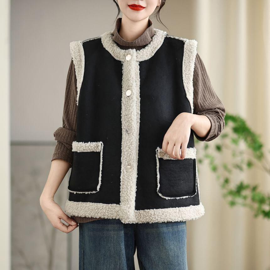 Sleeveless Round Neck Fleece Trim Button Down Vest Product Image