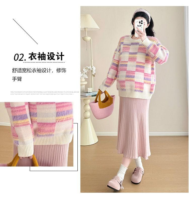 Maternity Round Neck Plain Sweater / High Rise Plain Ribbed Knit Midi Mermaid Skirt / Set Product Image