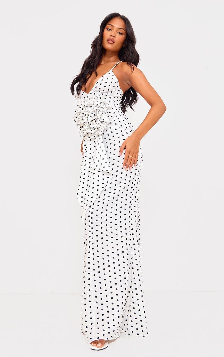 Tall White Polka Dot Satin Rose Detail Maxi Dress Product Image