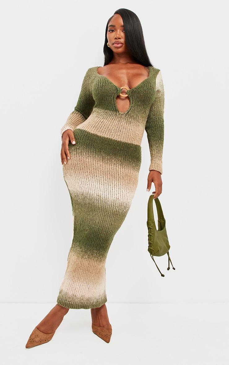 Shape Khaki Ombre Knit Plunge Ring Long Sleeve Midaxi Dress Product Image