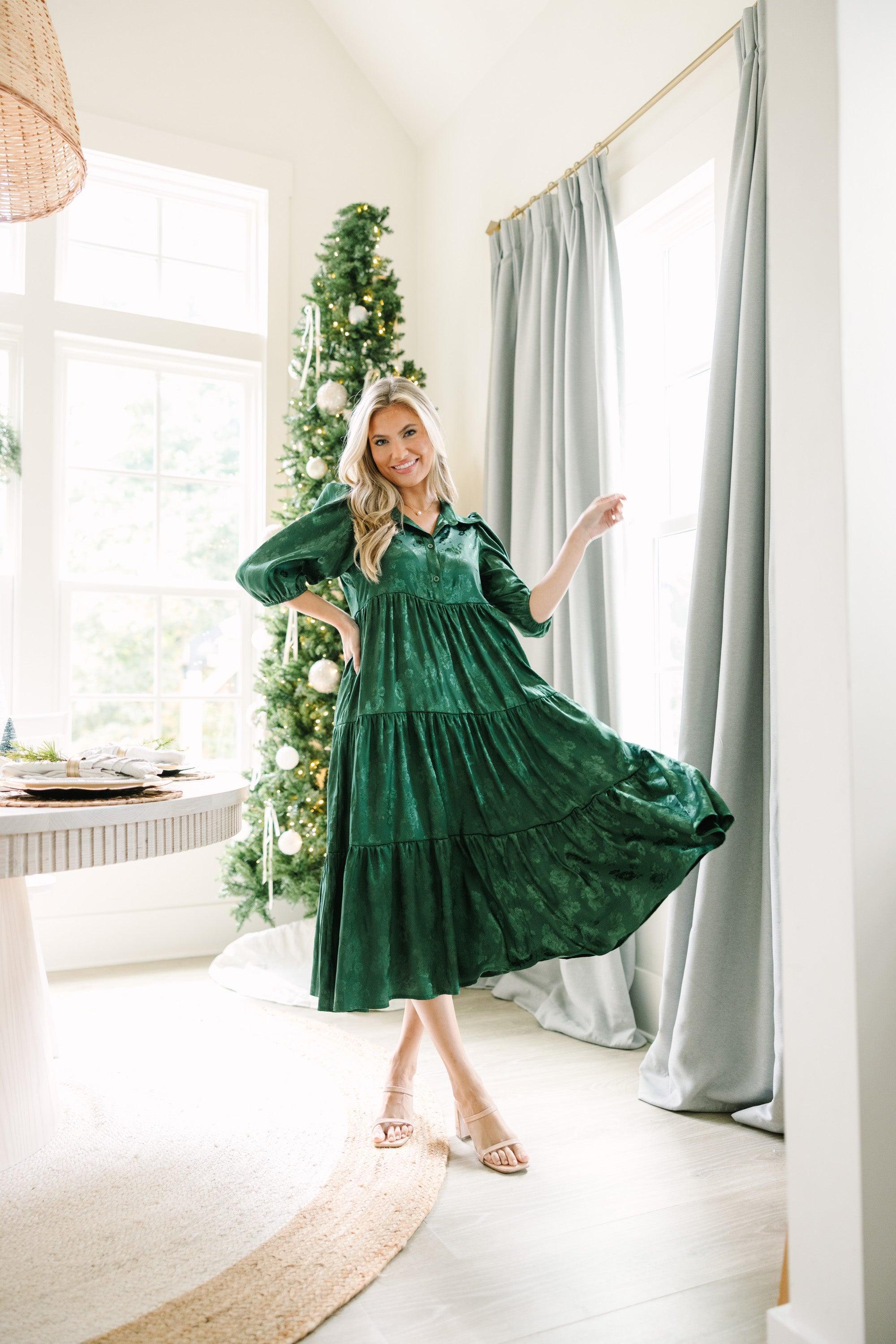 All The Love Emerald Green Floral Satin Midi Dress Female Product Image