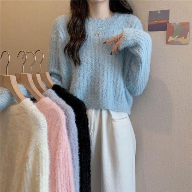 Crew Neck Plain Fluffy Sweater Product Image