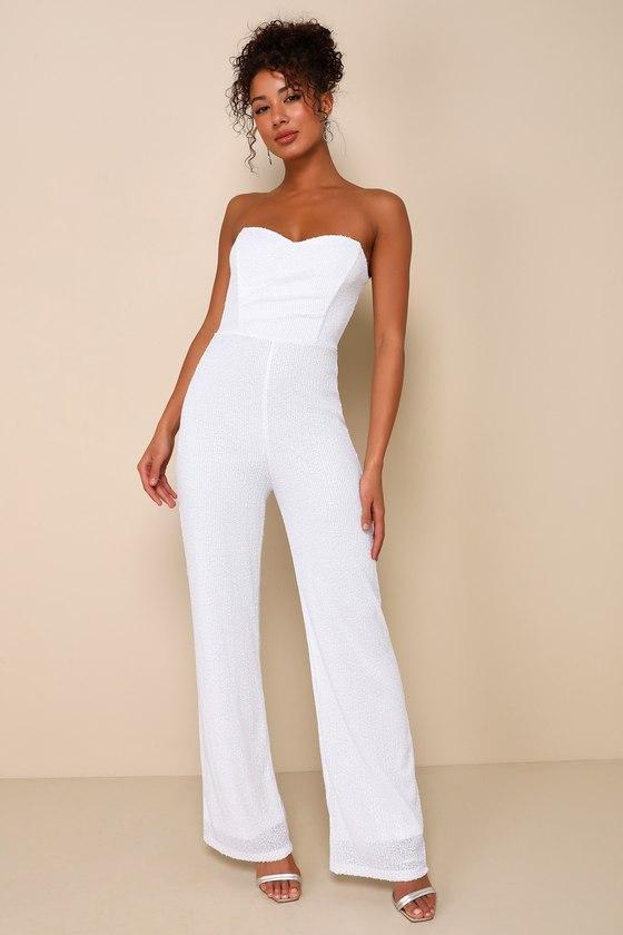 Fashionista Nights White Sequin Strapless Wide-Leg Jumpsuit Product Image