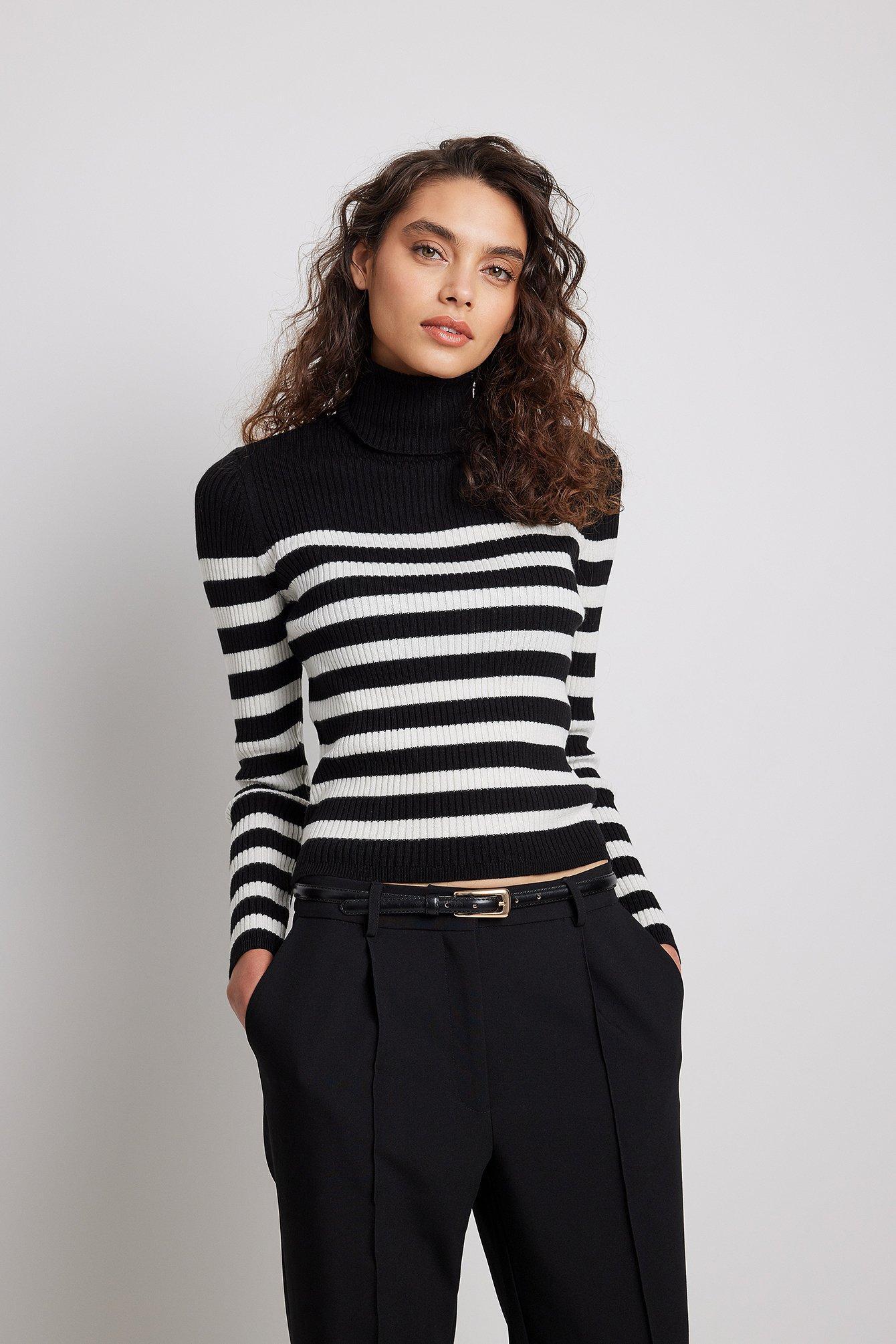 Fine Knitted Striped Turtleneck Sweater Product Image