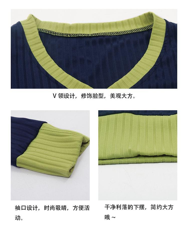 Long-Sleeve V-Neck Two Tone Crop Tee Product Image