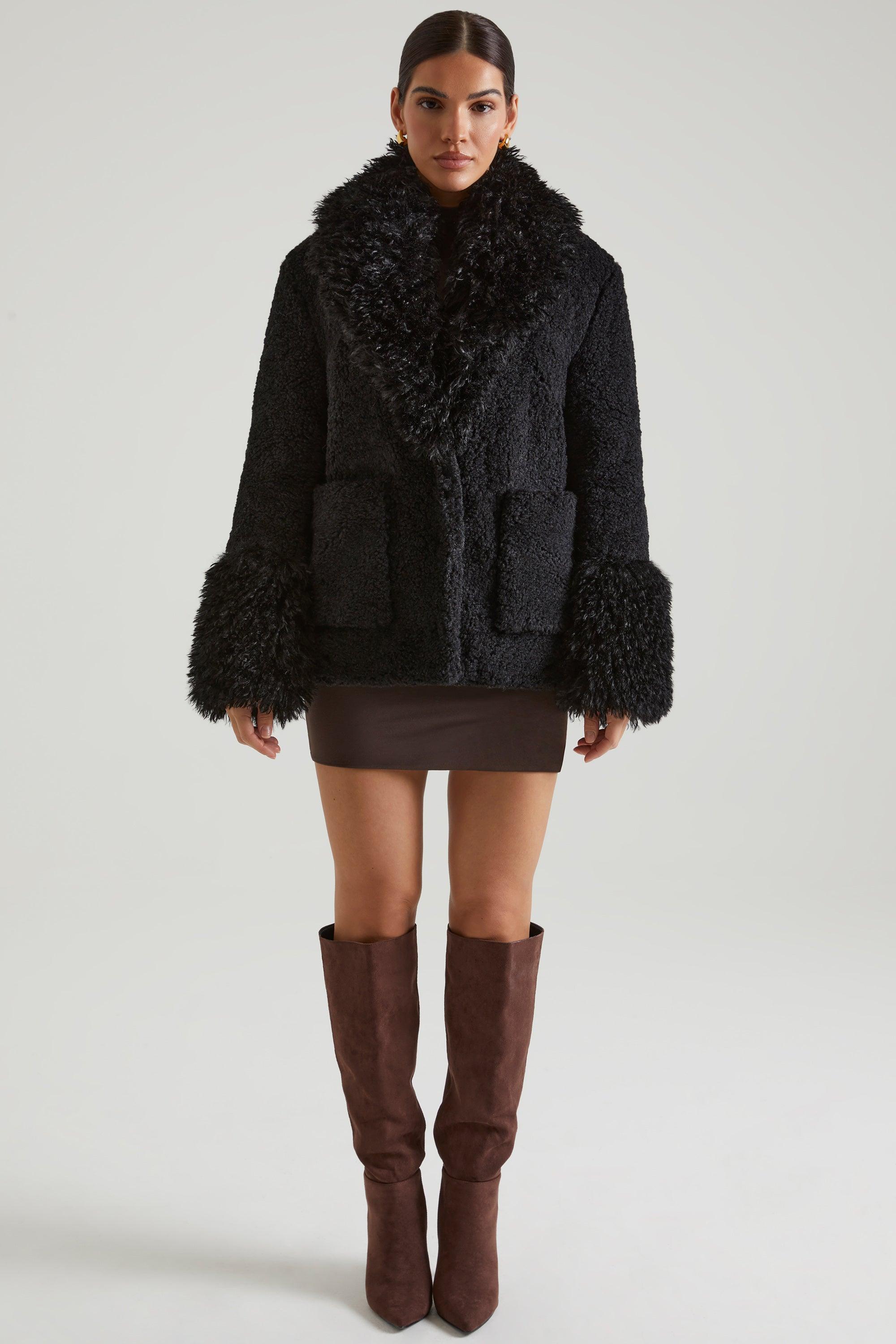 Shearling Coat with Large Front Pockets in Black Product Image